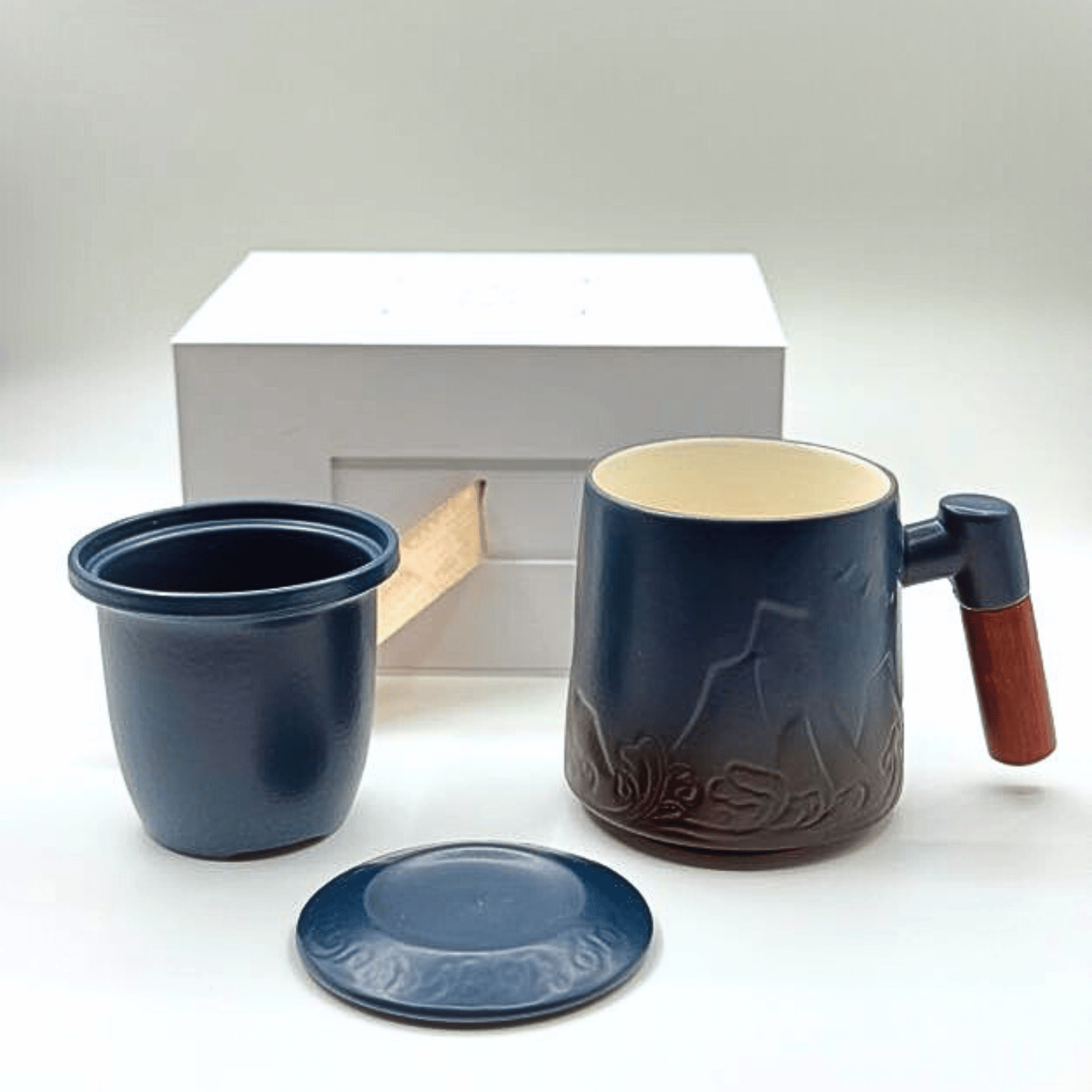Ceramic Tea Mug with Lid, Infuser, and Wooden Handle - 12oz