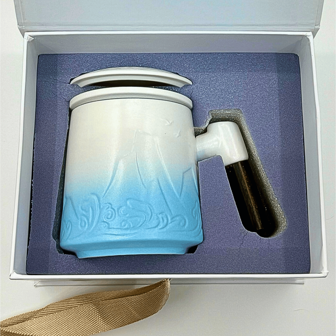 Ceramic Tea Mug with Lid, Infuser, and Wooden Handle - 12oz