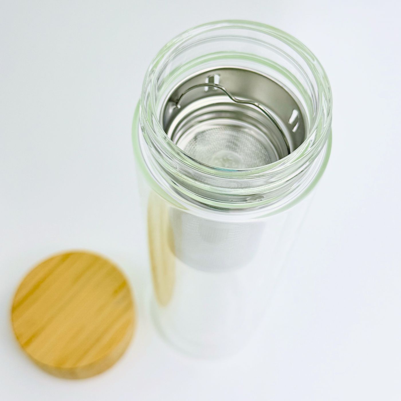 Double Wall Borosilicate Glass Tea Infuser Bottle with Bamboo Lid – 16 oz